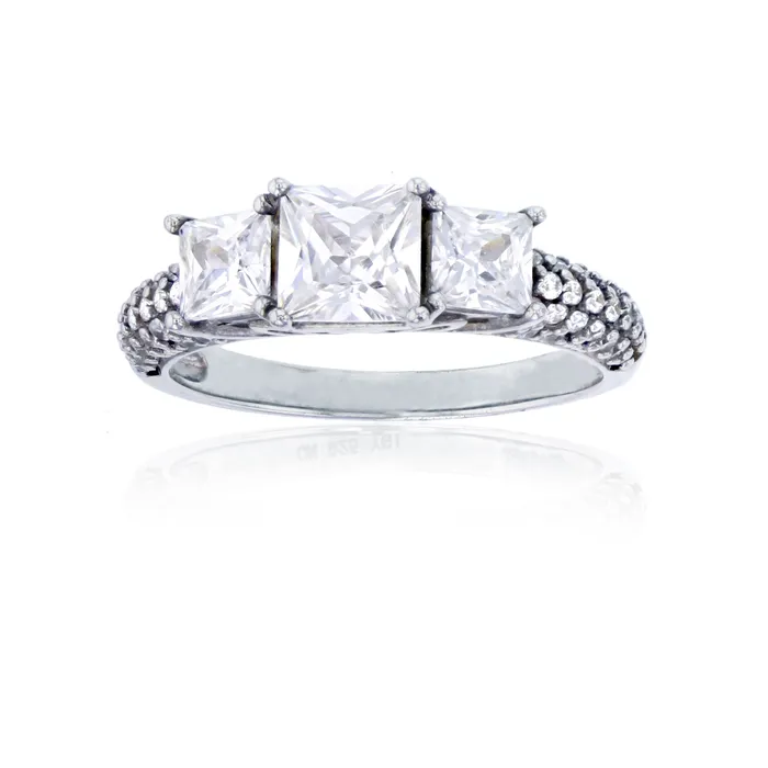 Silver Rings Sterling Silver 55mm Princess Cut 3 Stone Pave Cubic Zirconia Engagement Ring With 4x4mm Princess Cut Side Stones Silver Rings Sterling Silver 55mm Princess Cut 3 Stone Pave Cubic Zirconia Engagement Ring With 4x4mm Princess Cut Side Stones