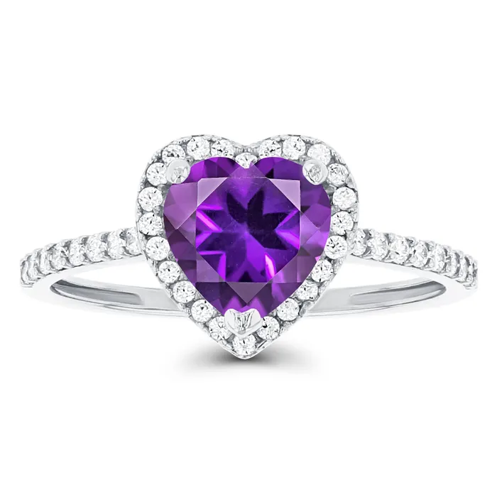Silver Rings Sterling Silver Rhodium 7mm Heart Amethyst Created White Sapphire Halo Ring Silver Rings Sterling Silver Rhodium 7mm Heart Amethyst Created White Sapphire Halo Ring