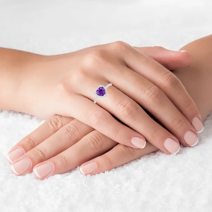 Silver Rings Sterling Silver Rhodium 7mm Heart Amethyst Created White Sapphire Halo Ring Silver Rings Sterling Silver Rhodium 7mm Heart Amethyst Created White Sapphire Halo Ring