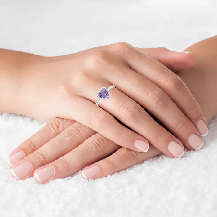 Silver Rings Sterling Silver Rhodium 7mm Heart Amethyst Created White Sapphire Halo Ring Silver Rings Sterling Silver Rhodium 7mm Heart Amethyst Created White Sapphire Halo Ring