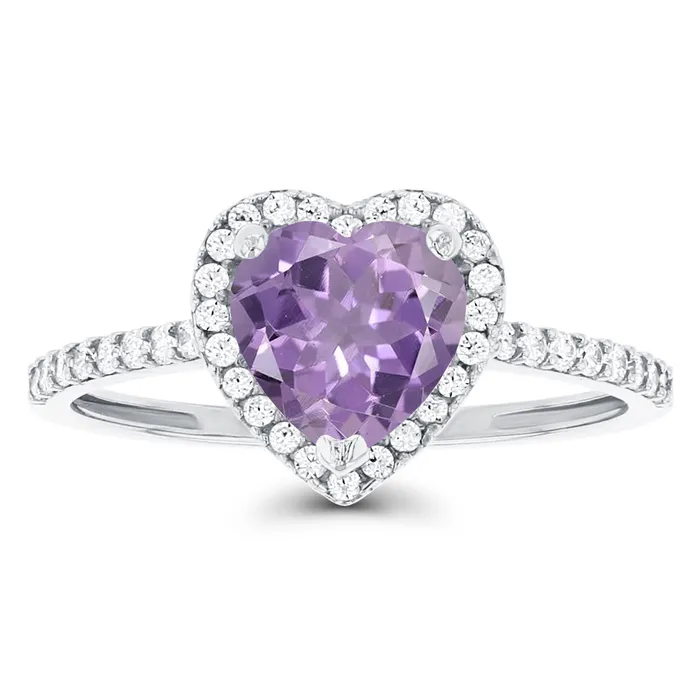 Silver Rings Sterling Silver Rhodium 7mm Heart Amethyst Created White Sapphire Halo Ring Silver Rings Sterling Silver Rhodium 7mm Heart Amethyst Created White Sapphire Halo Ring