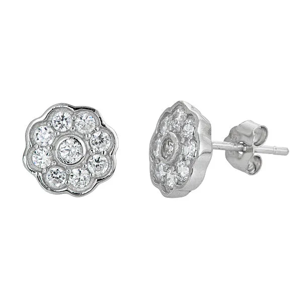 Sterling Silver 9x9mm Pave Flower Stud Earring Silver Earrings
