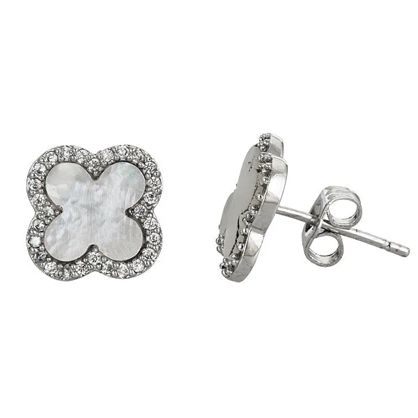 Sterling Silver Pave Clover Stud Silver Earrings