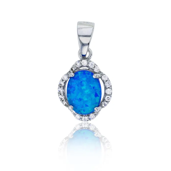 Sterling Silver Rhodium 9x7mm Oval Created Blue Opal CZ Clover Pendant Silver Necklaces Sterling Silver Rhodium 9x7mm Oval Created Blue Opal CZ Clover Pendant Silver Necklaces
